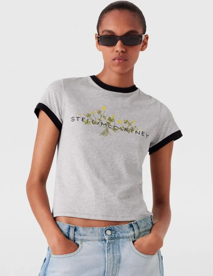 Women Logo Floral Embroidered TShirt Grey Melange Stella McCartney Sweatshirts And TShirts