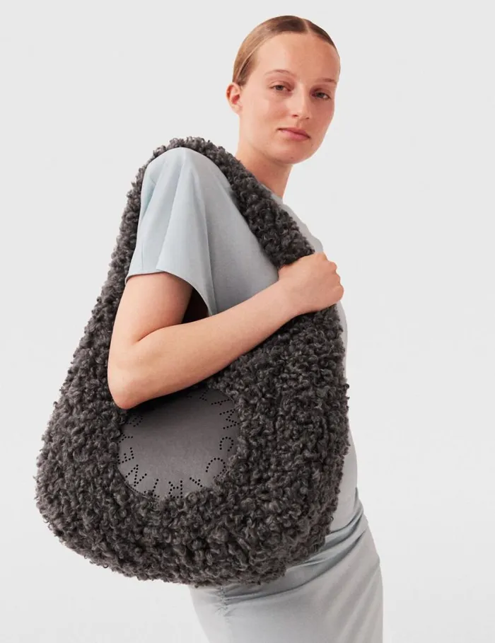 Women Logo Plush Teddy Hobo Large Tote Bag Charcoal Grey Stella McCartney Tote Bags