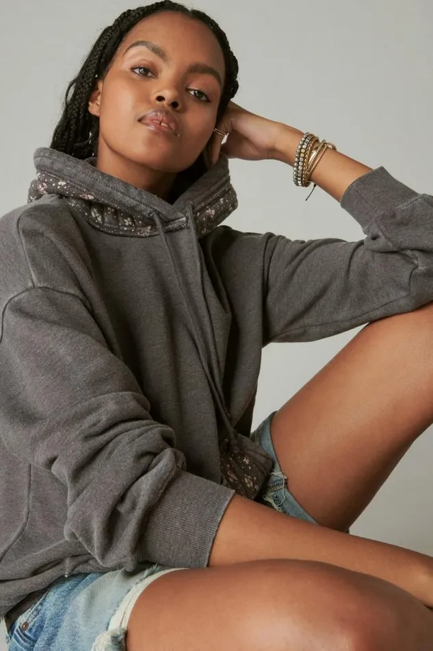 Women Lucky Brand Activewear Quilted Patchwork Hoodie Raven Multi