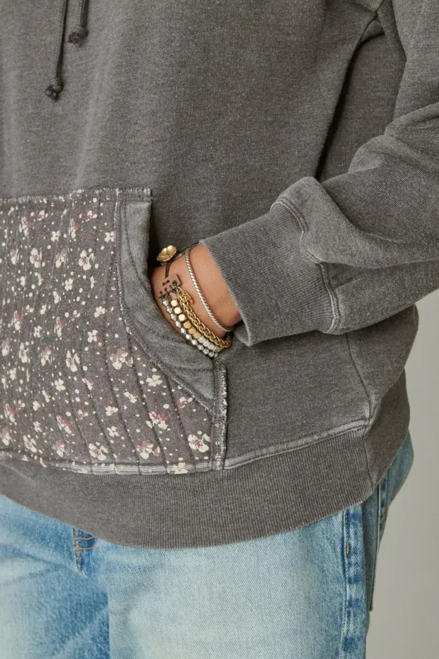 Women Lucky Brand Activewear Quilted Patchwork Hoodie Raven Multi