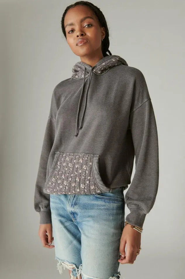 Women Lucky Brand Activewear Quilted Patchwork Hoodie Raven Multi