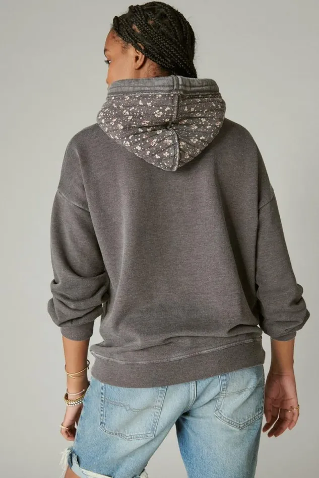 Women Lucky Brand Activewear Quilted Patchwork Hoodie Raven Multi