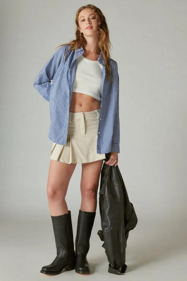 Women Lucky Brand All Tops Multi Stripe Oversized Seamed Shirt Sodalite Blue Stripe