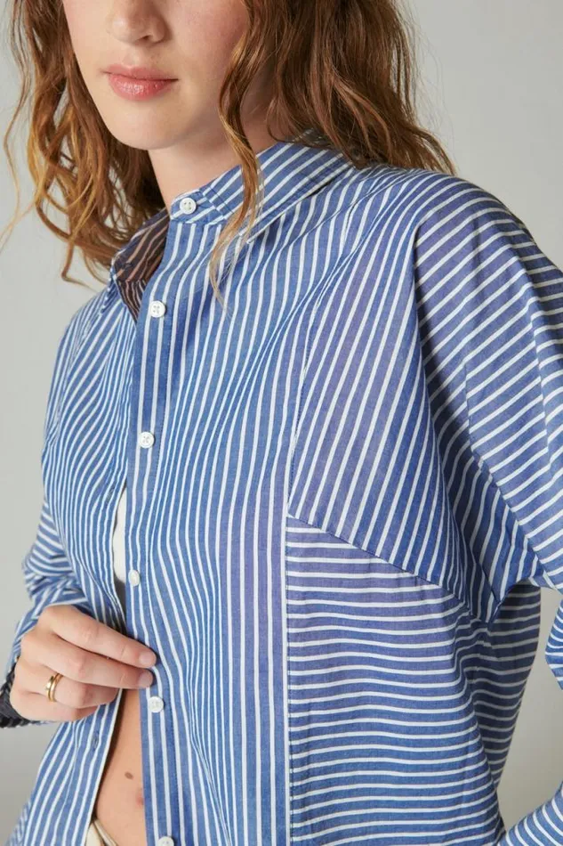 Women Lucky Brand All Tops Multi Stripe Oversized Seamed Shirt Sodalite Blue Stripe