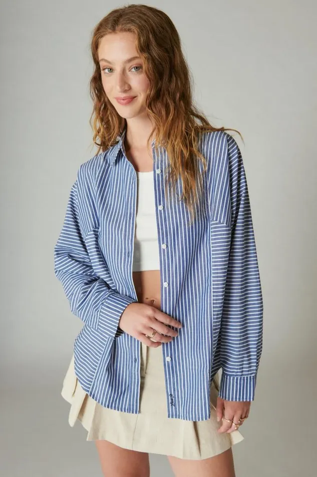 Women Lucky Brand All Tops Multi Stripe Oversized Seamed Shirt Sodalite Blue Stripe