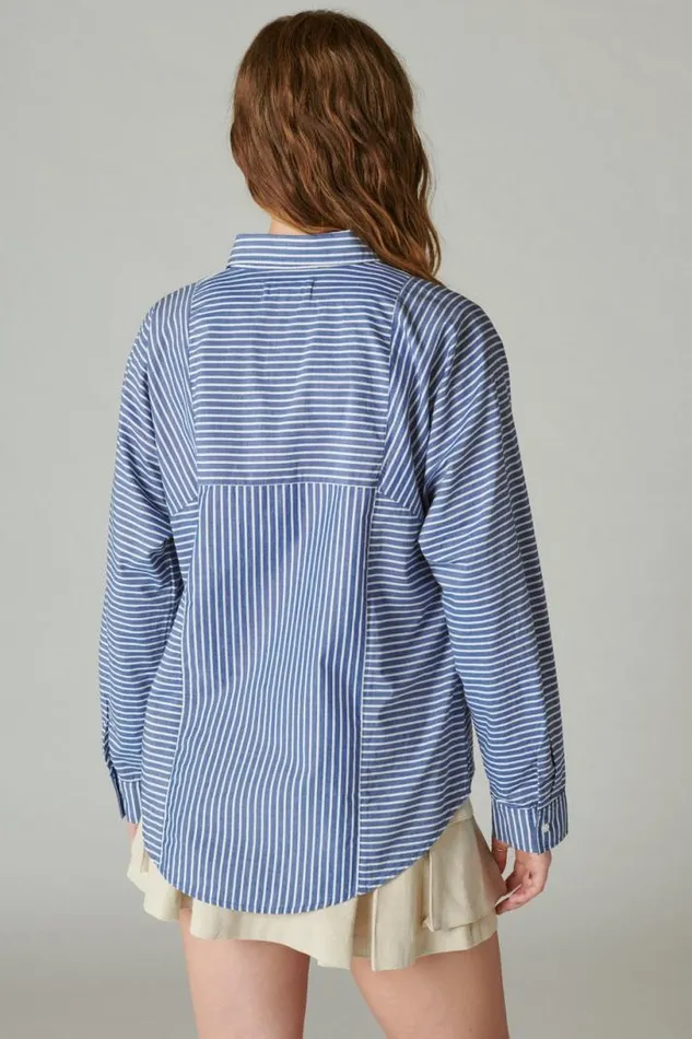 Women Lucky Brand All Tops Multi Stripe Oversized Seamed Shirt Sodalite Blue Stripe