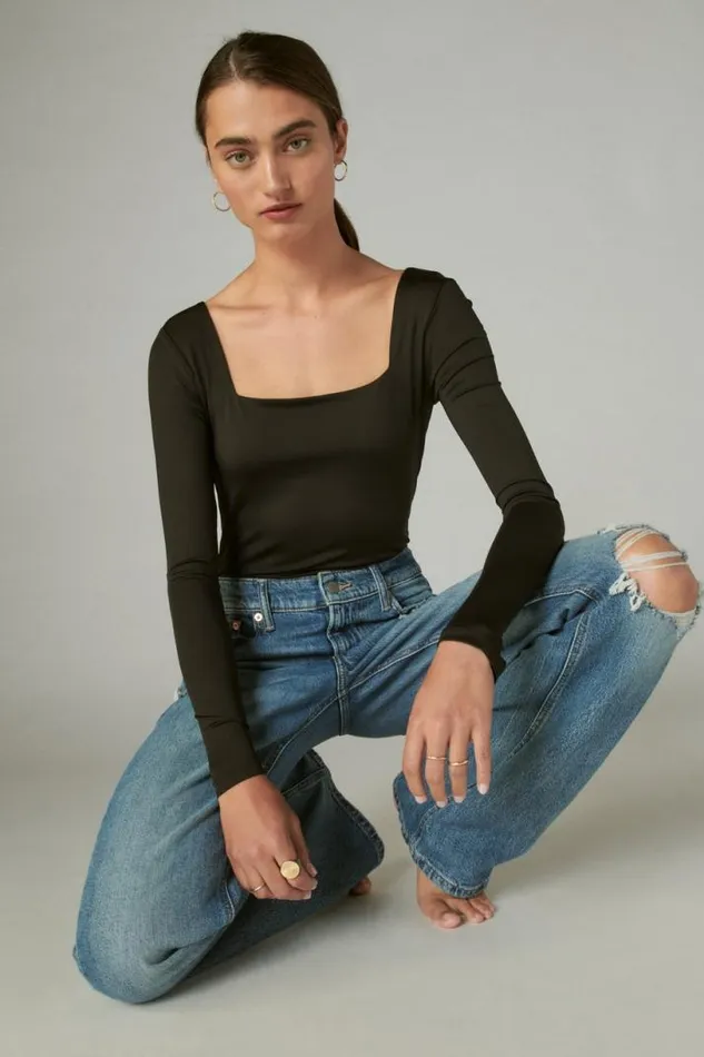 Women Lucky Brand All Tops Square Neck Long Sleeve Bodysuit Jet Black