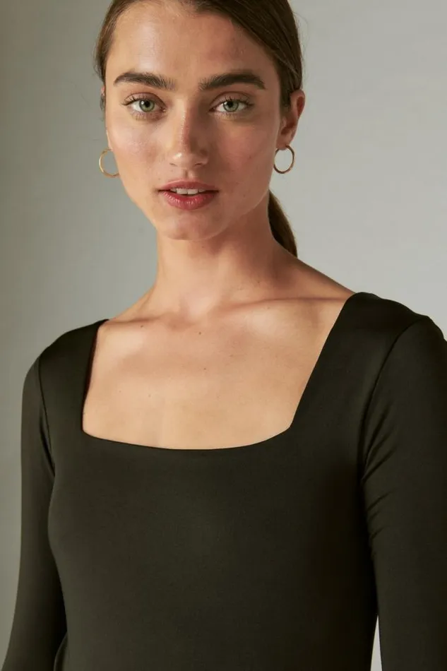 Women Lucky Brand All Tops Square Neck Long Sleeve Bodysuit Jet Black