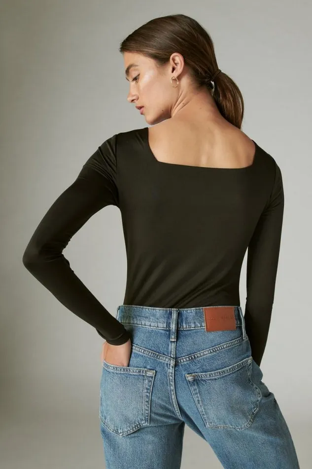 Women Lucky Brand All Tops Square Neck Long Sleeve Bodysuit Jet Black