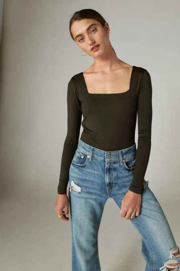 Women Lucky Brand All Tops Square Neck Long Sleeve Bodysuit Jet Black