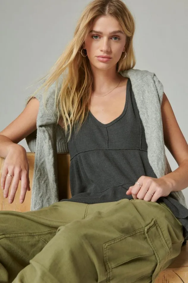 Women Lucky Brand All Tops Waffle Tunic Tank Jet Black