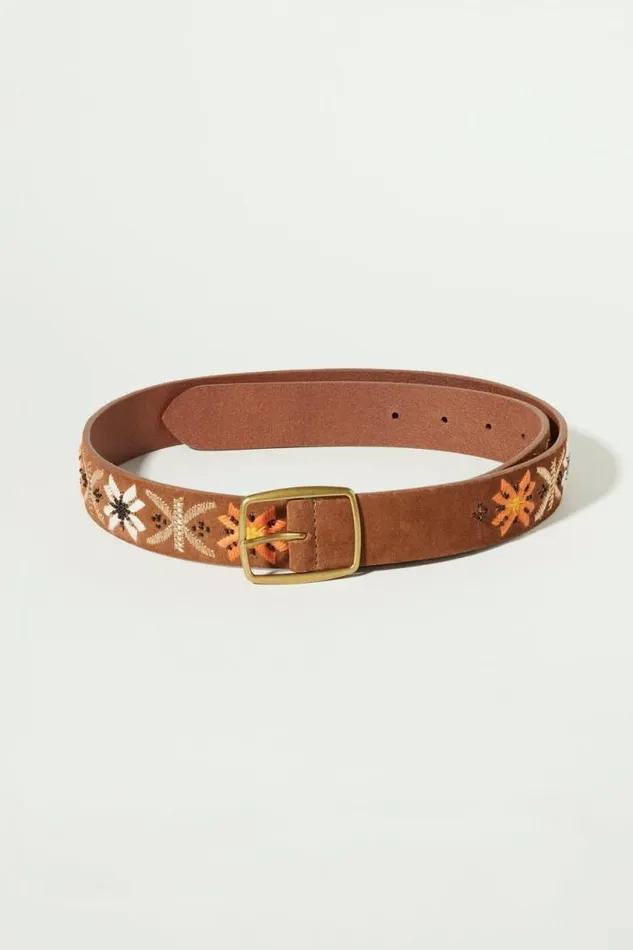 Women Lucky Brand Belts Garden Floral Embroidered Belt Dark Brown