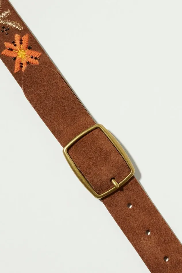 Women Lucky Brand Belts Garden Floral Embroidered Belt Dark Brown
