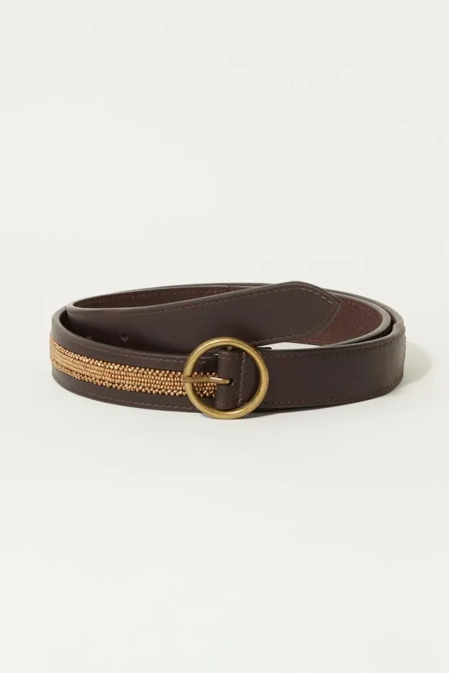 Women Lucky Brand Belts Gold Shimmer Beaded Belt Medium Brown