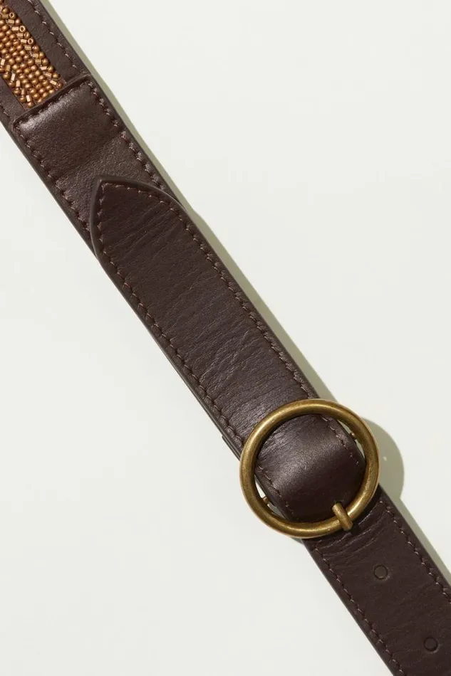 Women Lucky Brand Belts Gold Shimmer Beaded Belt Medium Brown
