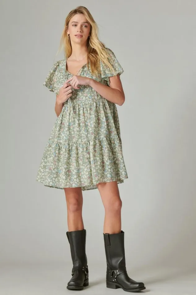 Women Lucky Brand Dresses Floral Printed Tiered Mini Forest Multi