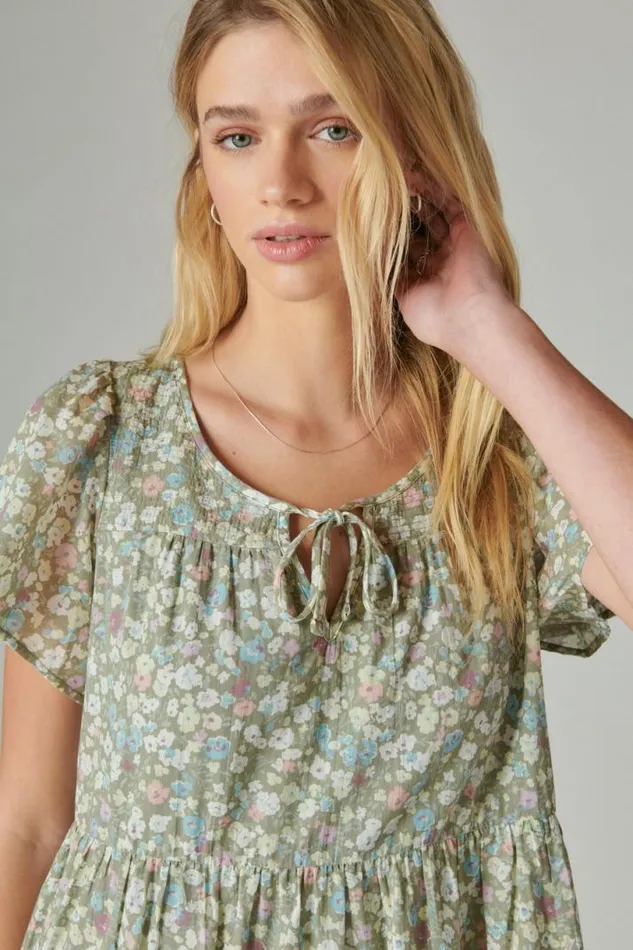 Women Lucky Brand Dresses Floral Printed Tiered Mini Forest Multi