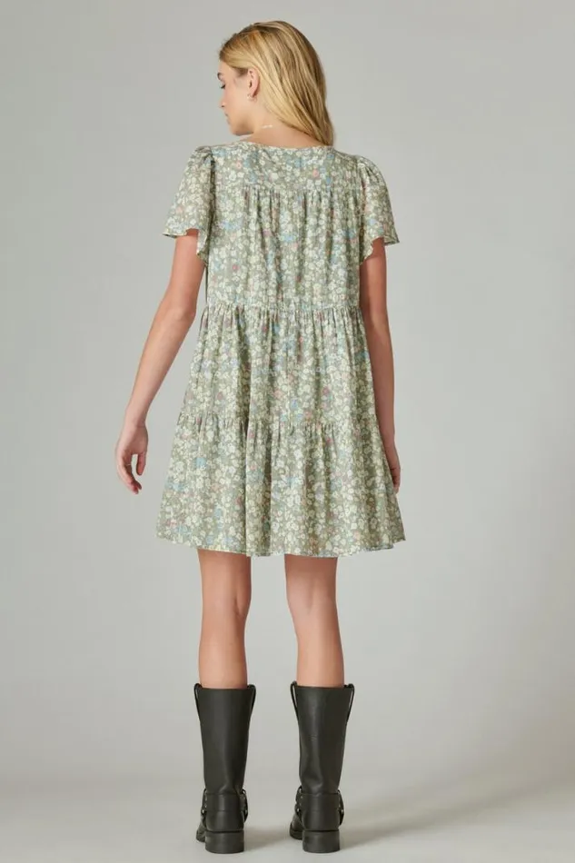 Women Lucky Brand Dresses Floral Printed Tiered Mini Forest Multi