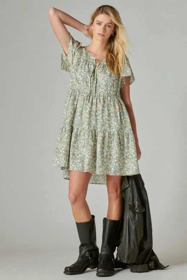 Women Lucky Brand Dresses Floral Printed Tiered Mini Forest Multi