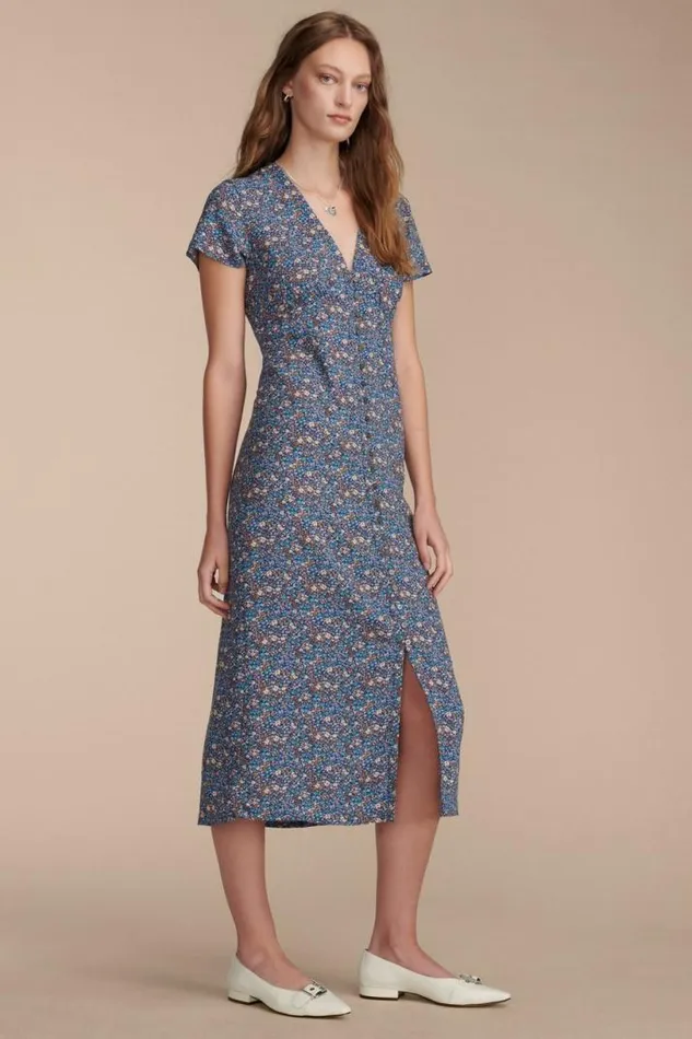 Women Lucky Brand Dresses Printed Button Front Midi Dress Indigo Multi
