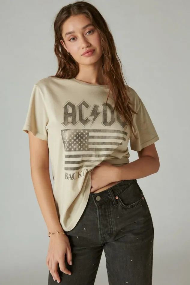 Women Lucky Brand Graphic Tees Back In Black Acdc Boyfriend Tee Gray Morn