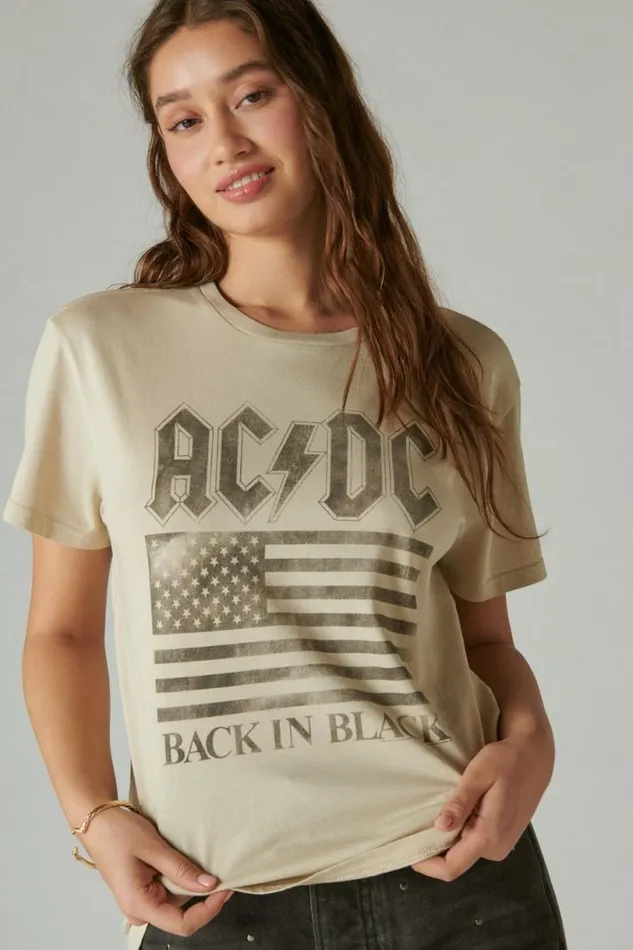 Women Lucky Brand Graphic Tees Back In Black Acdc Boyfriend Tee Gray Morn
