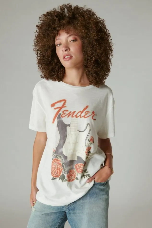 Women Lucky Brand Graphic Tees Fender Roses Boyfriend Tee Cloud Dancer