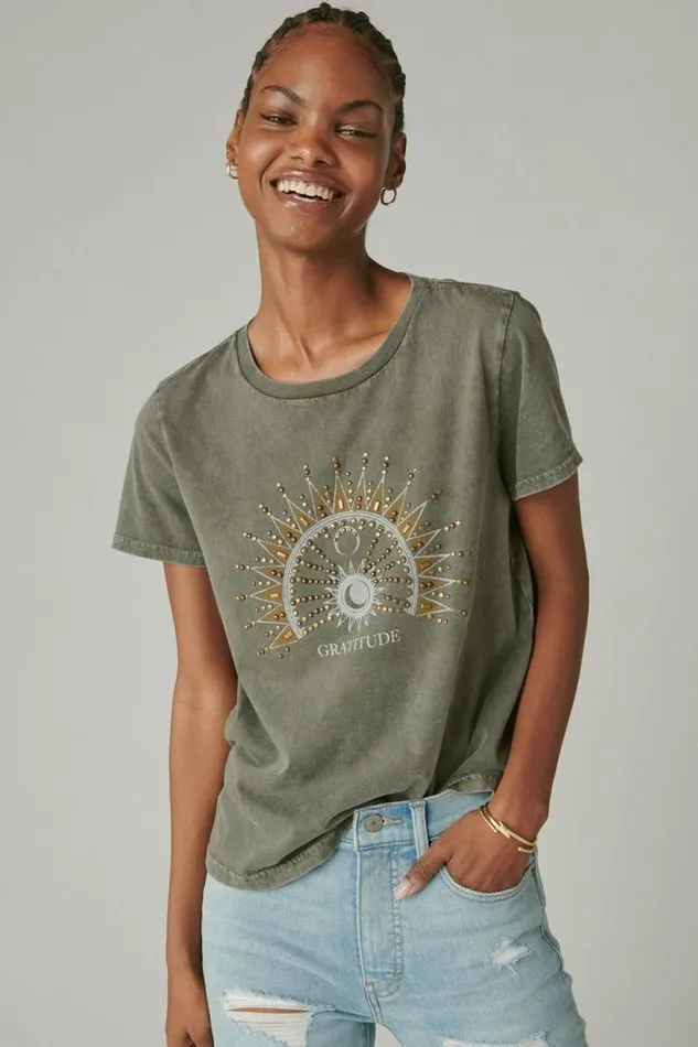 Women Lucky Brand Graphic Tees Mandala Rock Crew Tee Beluga