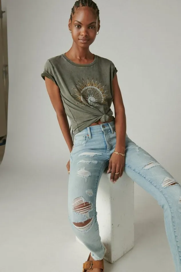 Women Lucky Brand Graphic Tees Mandala Rock Crew Tee Beluga