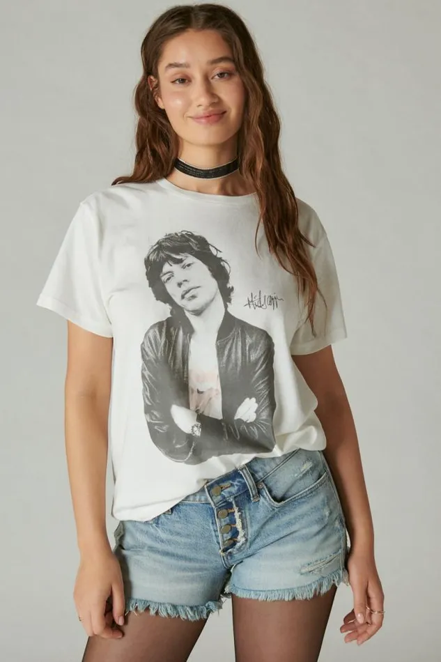 Women Lucky Brand Graphic Tees Mick Jagger Photo Boyfriend Tee Bright White