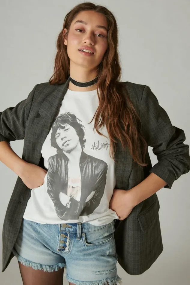 Women Lucky Brand Graphic Tees Mick Jagger Photo Boyfriend Tee Bright White