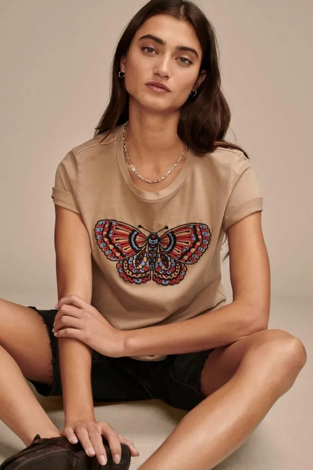 Women Lucky Brand Graphic Tees Multi Color Butterfly Classic Crew Light Taupe