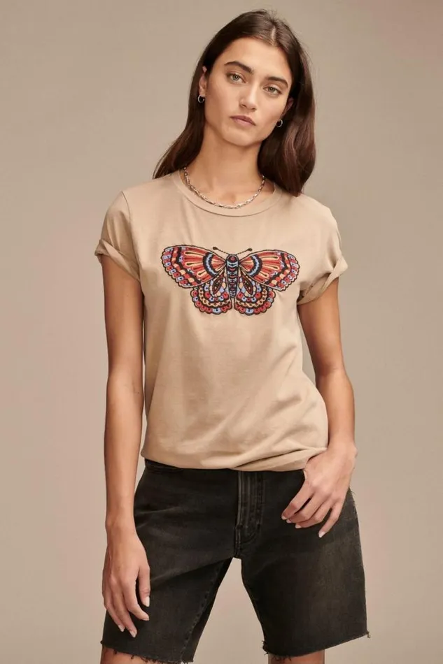 Women Lucky Brand Graphic Tees Multi Color Butterfly Classic Crew Light Taupe
