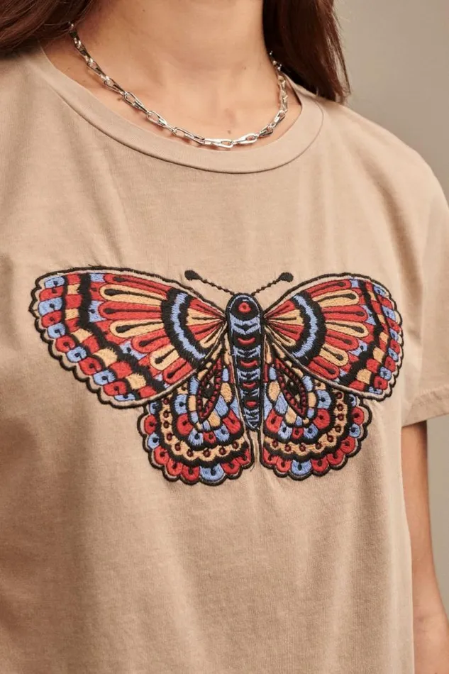 Women Lucky Brand Graphic Tees Multi Color Butterfly Classic Crew Light Taupe