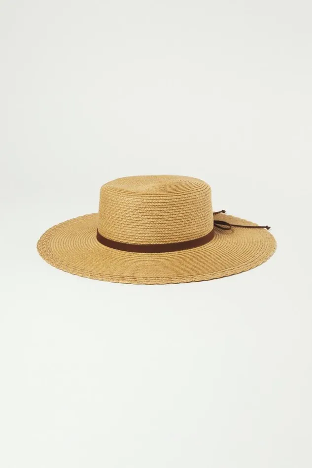 Women Lucky Brand Hats Woven Boater With Leather Tie Medium Brown