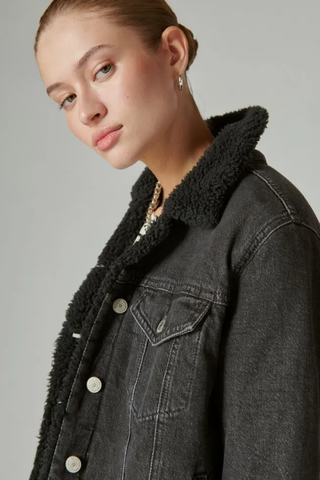 Women Lucky Brand Jackets and Outerwear Faux Shearling Lined Denim Trucker Jacket Black Hole