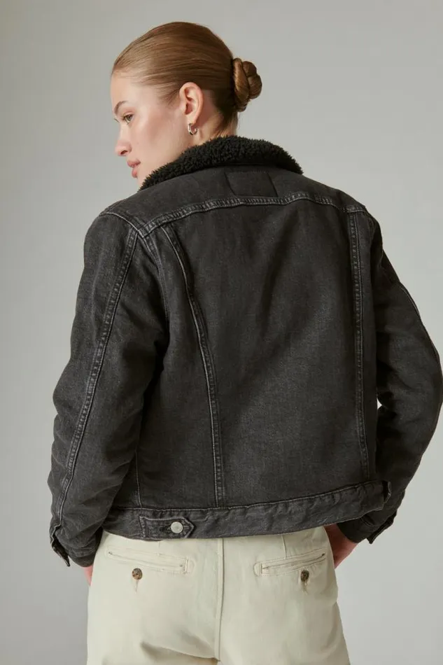 Women Lucky Brand Jackets and Outerwear Faux Shearling Lined Denim Trucker Jacket Black Hole