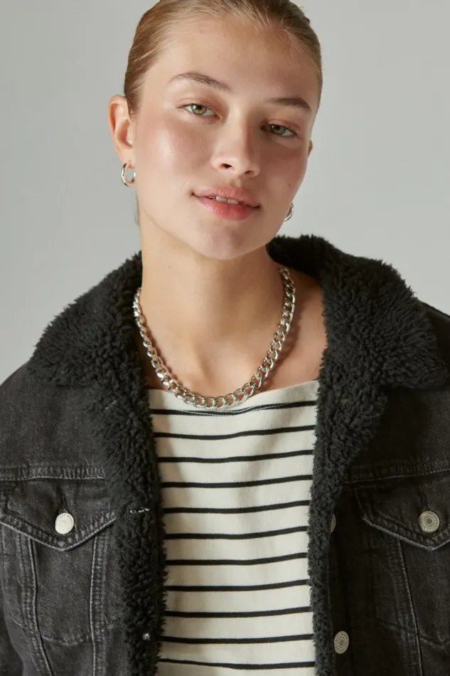 Women Lucky Brand Jackets and Outerwear Faux Shearling Lined Denim Trucker Jacket Black Hole