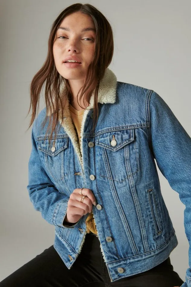 Women Lucky Brand Jackets and Outerwear Faux Shearling Lined Denim Trucker Jacket Polar