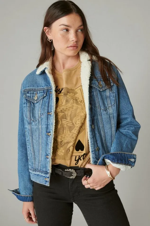 Women Lucky Brand Jackets and Outerwear Faux Shearling Lined Denim Trucker Jacket Polar