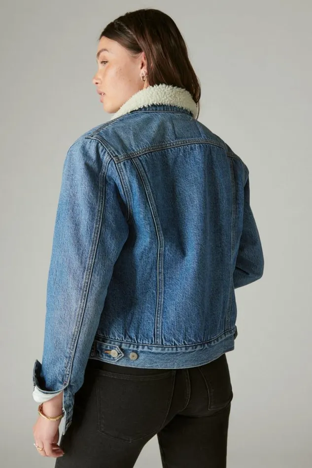 Women Lucky Brand Jackets and Outerwear Faux Shearling Lined Denim Trucker Jacket Polar