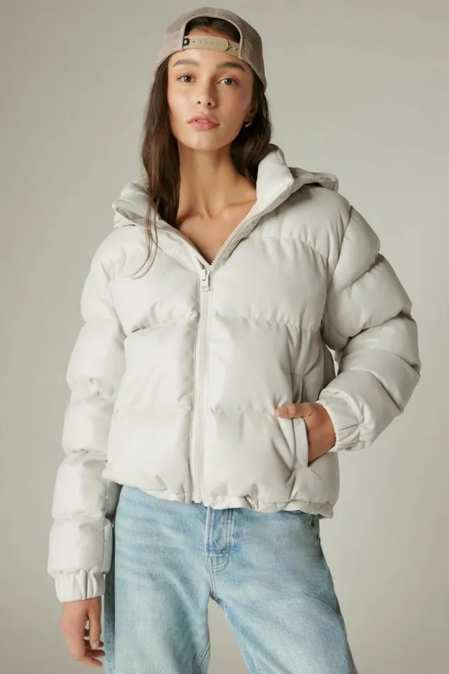 Women Lucky Brand Jackets and Outerwear Oversized Faux Leather Puffer Jacket White
