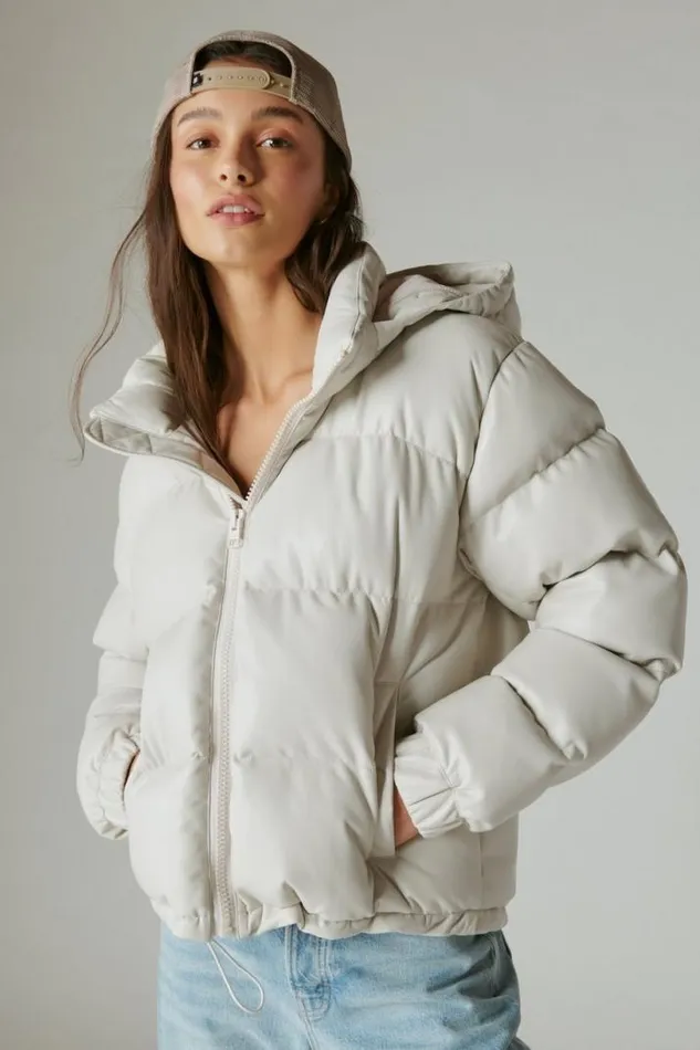 Women Lucky Brand Jackets and Outerwear Oversized Faux Leather Puffer Jacket White