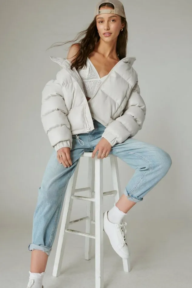 Women Lucky Brand Jackets and Outerwear Oversized Faux Leather Puffer Jacket White