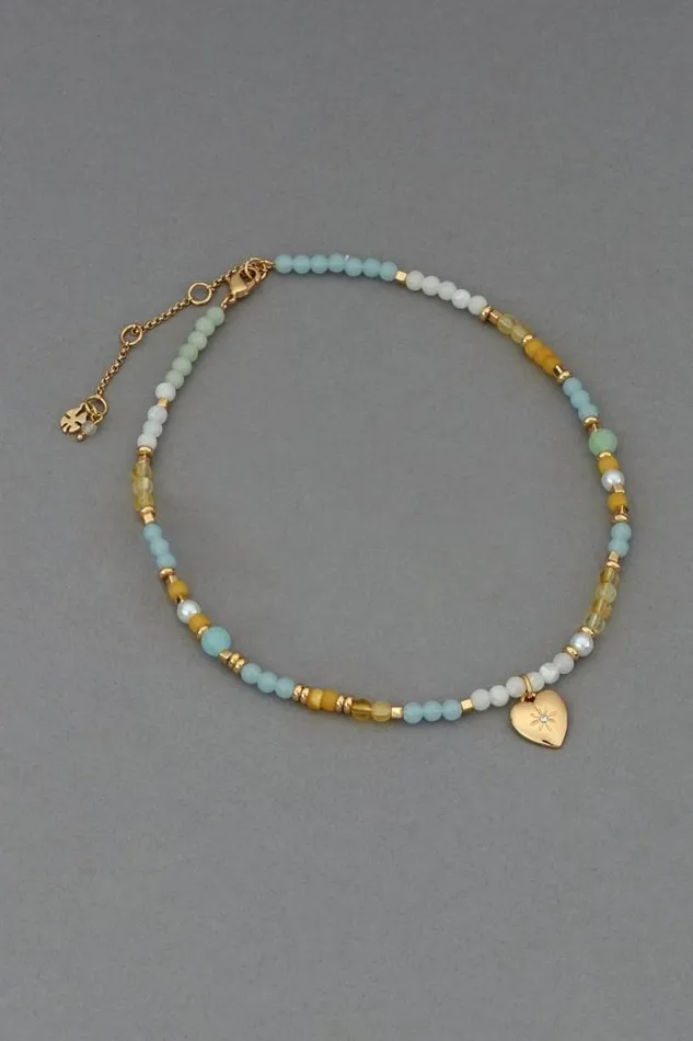 Women Lucky Brand Jewelry Heart Charm Beaded Collar Necklace Gold