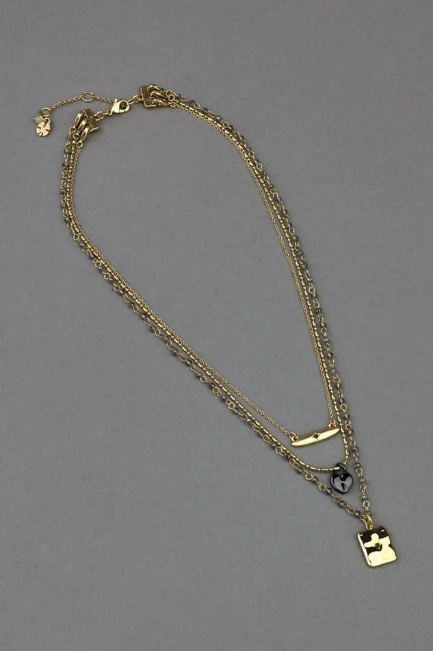 Women Lucky Brand Jewelry Heart Lock Charm Layer Necklace Two Tone