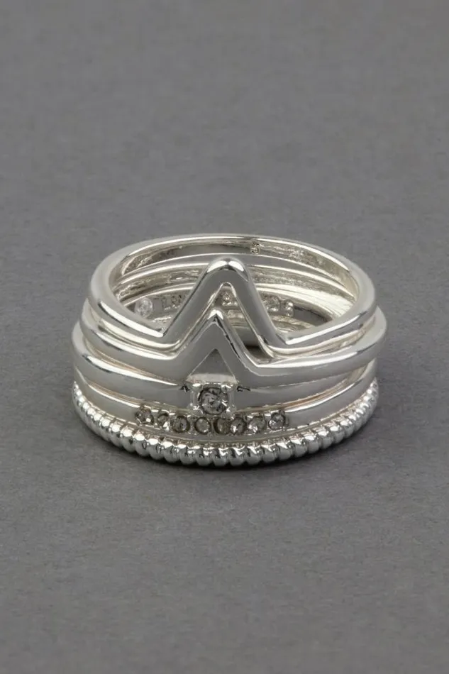Women Lucky Brand Jewelry Pave Silver Tone Ring Stack Silver