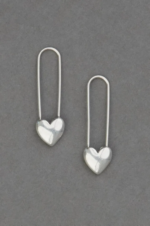 Women Lucky Brand Jewelry Silver Safety Pin Heart Earrings Silver