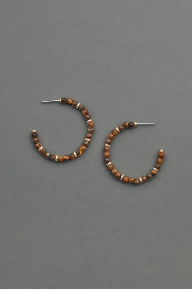 Women Lucky Brand Jewelry Tigers Eye Beaded Hoop Earring Gold