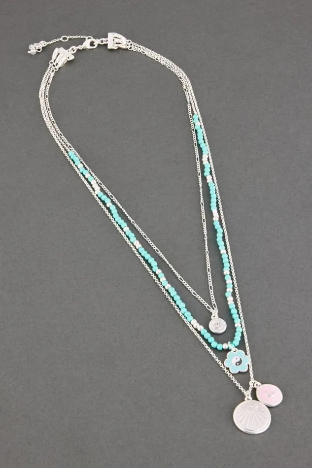 Women Lucky Brand Jewelry Turquoise Beaded Enamel Charm Layer Necklace Silver